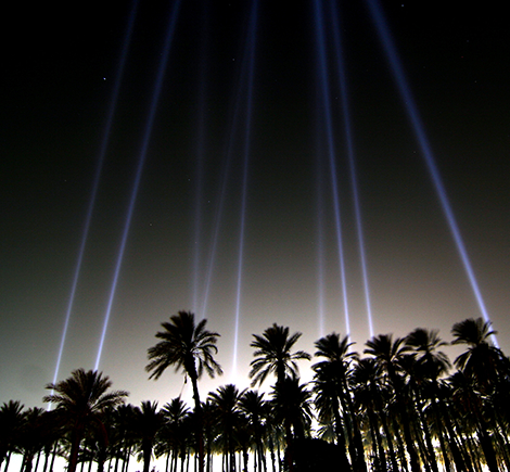 Silhouette of palm trees Silhouette of palm trees with searchlights shining upwards